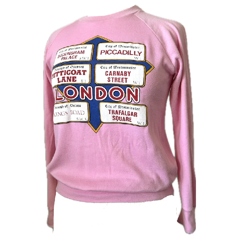 Candy pink vintage 1970s London street signs novelty print sweaterRuffled Knit Tops