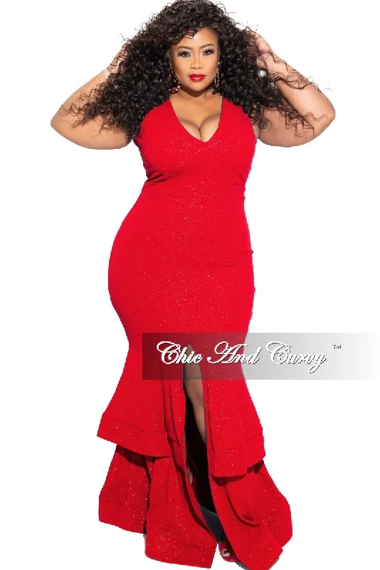 Final Sale Plus Size Ruffle Bottom Glitter Maxi Dress in Red Misc 70Plus size women's ruffle tops