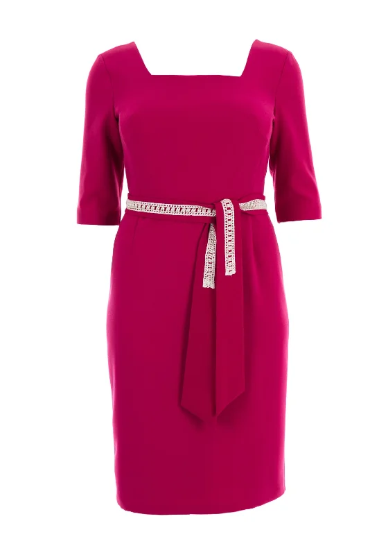 Cassandra Cao Square Neck Belted Dress, Magenta