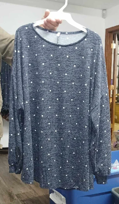 Blue Polka Dot Bubble Sleeve Lightweight Sweatery Shirt TopWork Knit Tops