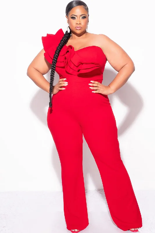 Final Sale Plus Size One Shoulder Ruffle Trim Jumpsuit in RedPlus size women's work tops