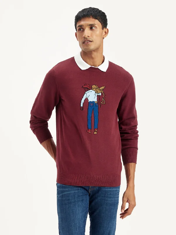 Men's Graphic Print Maroon Crew Neck SweaterWool Knit Tops