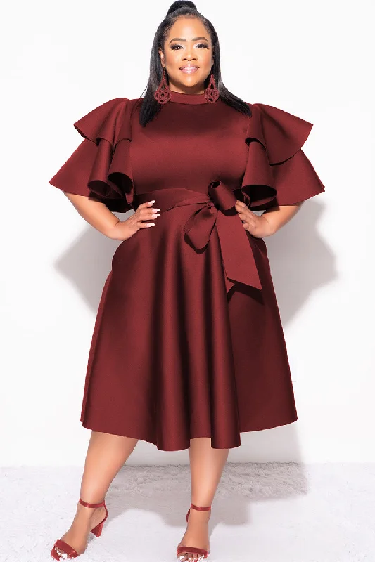 Final Plus Size Dress with Ruffle Sleeve and Tie in Burgundy ScubaPlus size women's silk tops