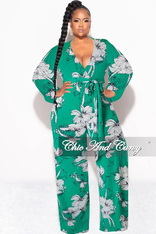 Final Sale Plus Size Faux Wrap Jumpsuit with Waist Tie in Green and White Floral PrintWomen's autumn tops