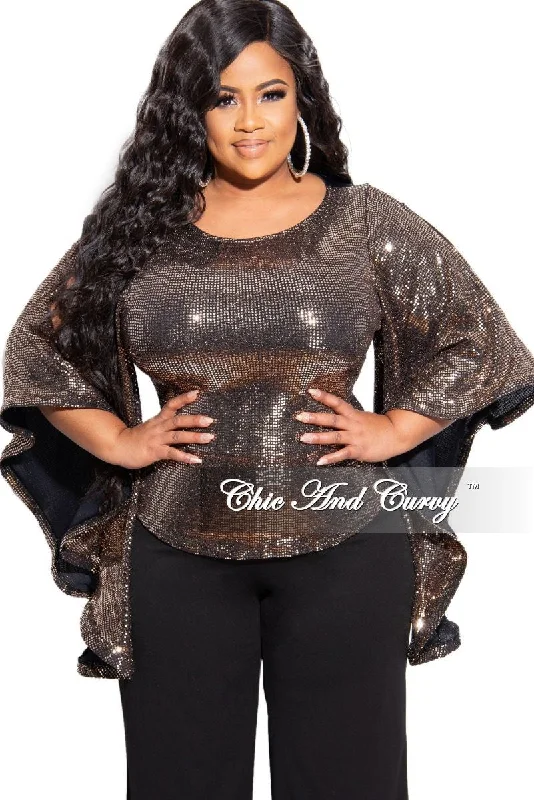 Final Sale Plus Size Faux Sequin Bell Sleeve Top in GoldPlus size women's patchwork tops