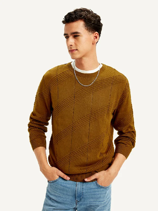 Men's Textured Brown Crew Neck SweaterCotton Knit Tops