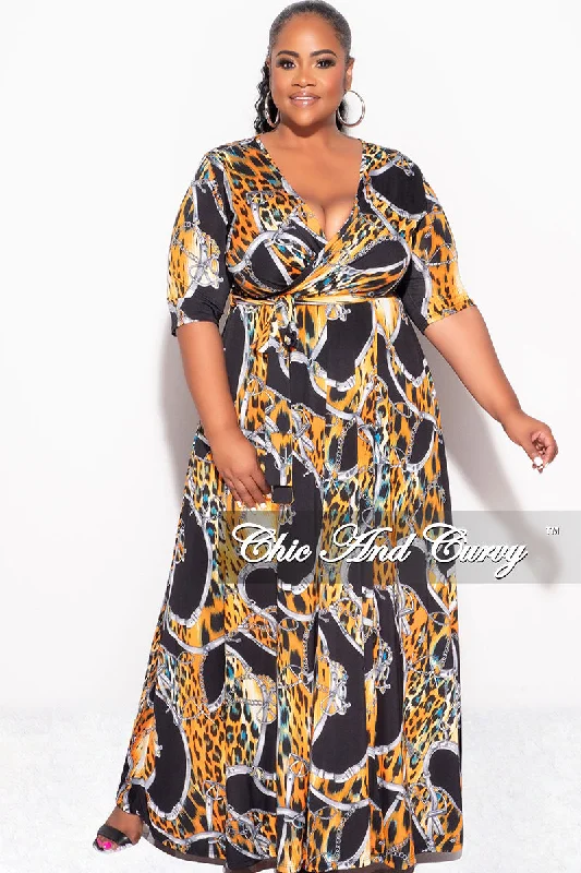 Final Sale Plus Size Deep V Faux Wrap Dress with 3/4 Sleeves in Orange Black PrintWomen's thick tops