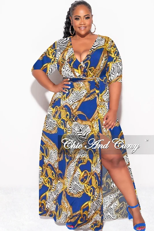 Final Sale Plus Size Deep V Faux Wrap Dress with 3/4 Sleeves in Blue Black PrintWomen's thin tops