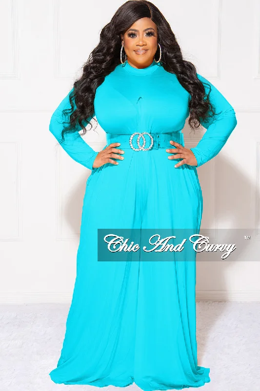 Final Sale Plus Size Long Sleeve Wide Leg Jumpsuit in Turquoise BluePlus size women's denim tops