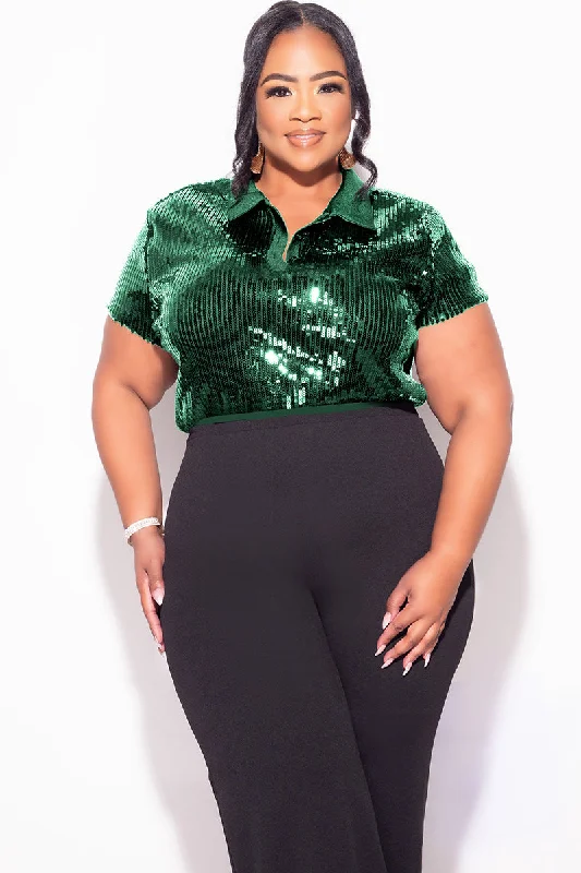 Final Sale Plus Size Collar Sequin Top in GreenLarge women's sweat-wicking tops