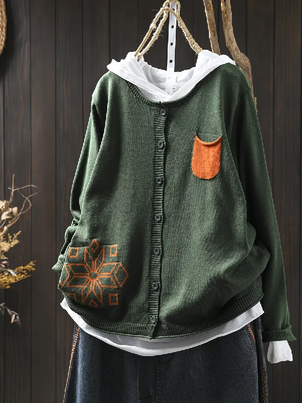 Women Autumn Colorblock Flower O-Neck SweaterFleece Knit Tops