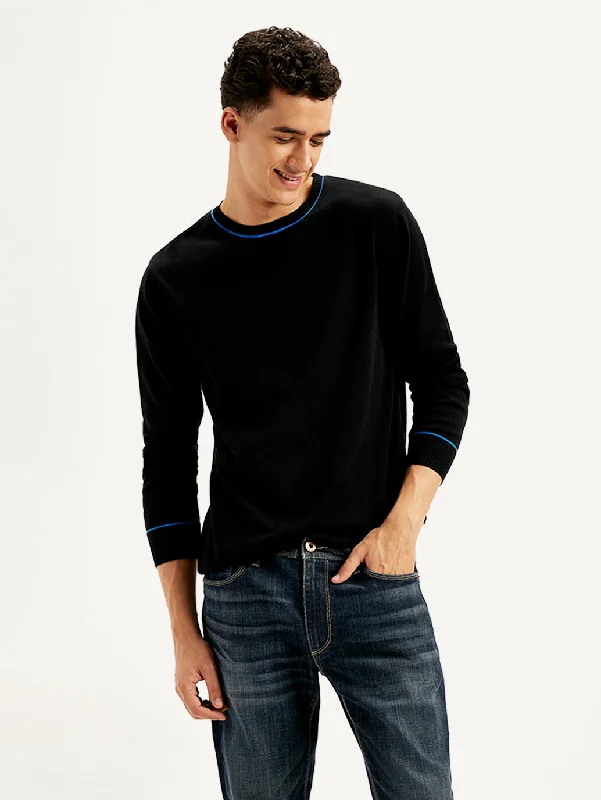 Men's Solid Black Crew Neck SweaterHunting Knit Tops