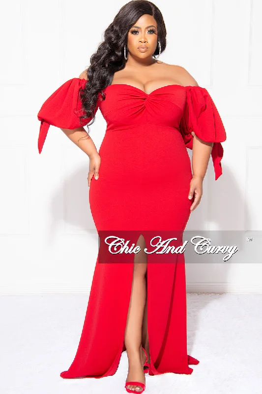 Final Sale Plus Size Puffy Sleeve Gown with Front Slit in RedLarge women's windproof tops