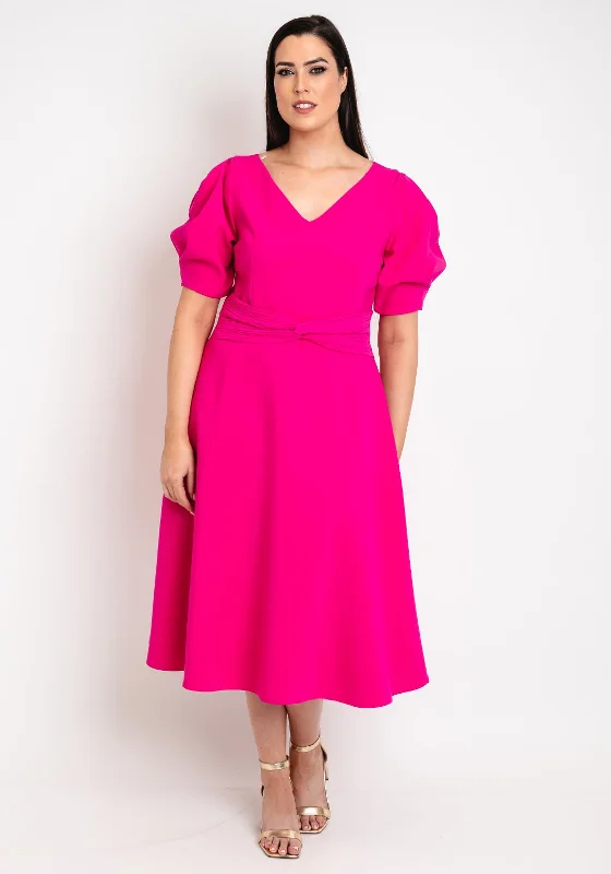 Lizabella Knot Waist V Neck Midi Dress, Hot Pink