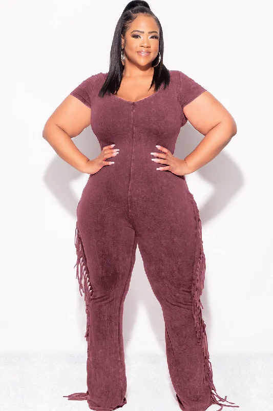 Final Sale Plus Size Fringe Jumpsuit in Mineralized BurgundyLarge women's blended tops