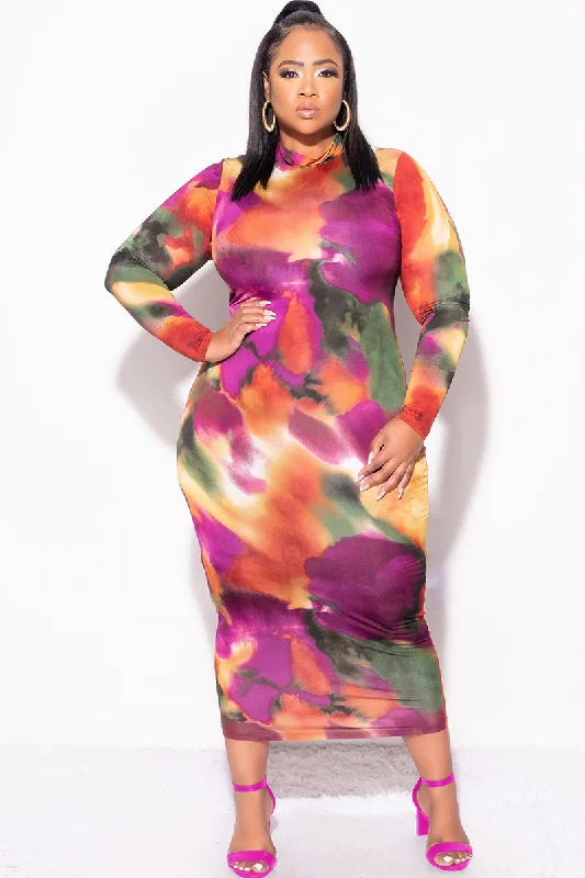 Final Sale Plus Size Long Sleeve Midi Dress in Multi Color Tie Dye PrintPlus size women's solid color tops