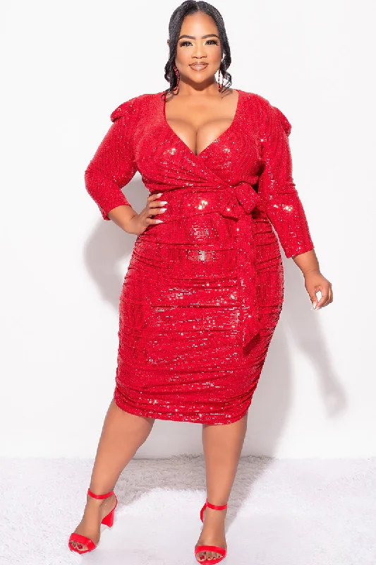 Final Sale Plus Size Confetti Dot Knit Sequin Long Sleeve Faux Wrap Sequin Ruched BodyCon Dress in RedLarge women's pullover tops