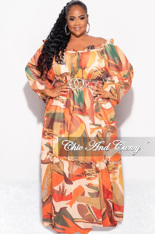 Final Sale Plus Size Off the Shoulder Chiffon Maxi Dress in Tan Multi ColorPlus size women's retro tops