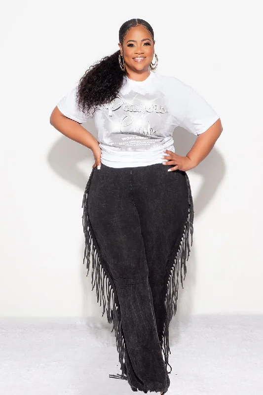 Final Sale Plus Size High Waist Fringe Trim Pants in Black Mineral Wash Print JerseyPlus size women's sports tops