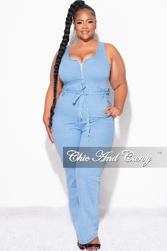 Final Sale Plus Size Sleeveless Zip-Up Jumpsuit with Attached Tie in Light DenimPlus Large women's linen tops