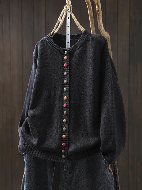 Women Autumn Artsy Colorful Button O-Neck Knit SweaterLogo Knit Tops