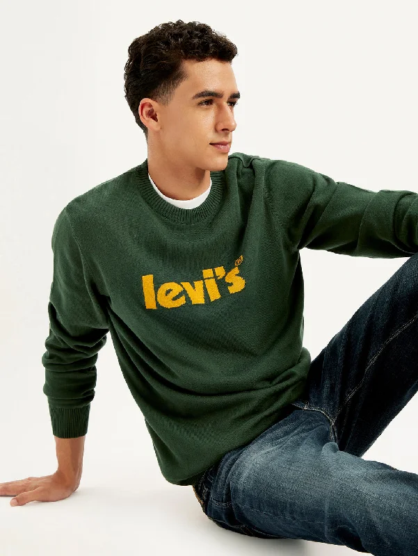 Men's Brand Logo Green Crew Neck SweaterCashmere Knit Tops