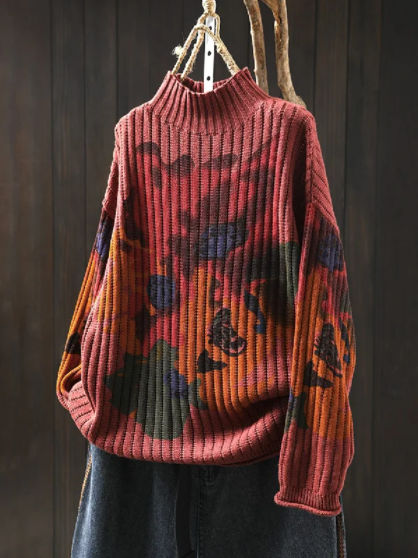 Women Autumn Artsy Flower Half-Turtleneck SweaterCable Knit Tops