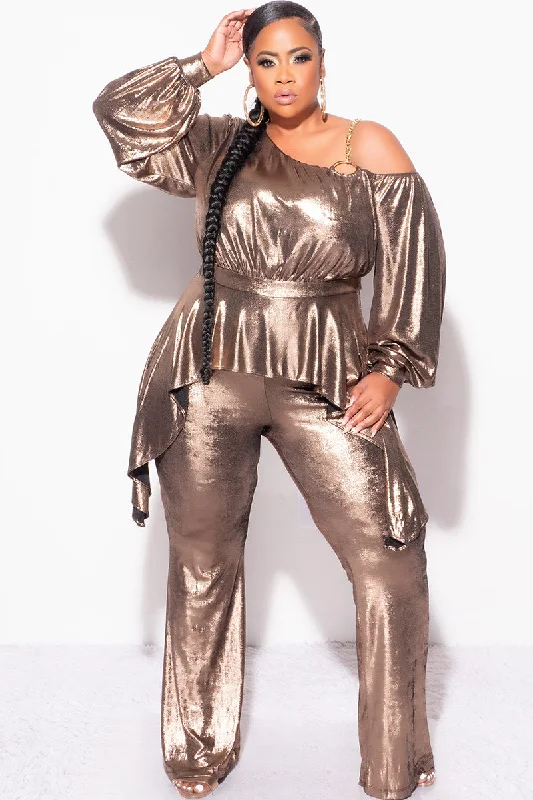 Final Sale Plus Size Cold Shoulder with Gold Chain & Asymmetrical Ruffle Peplum Jumpsuit in Gold MetallicWomen's fitness tops