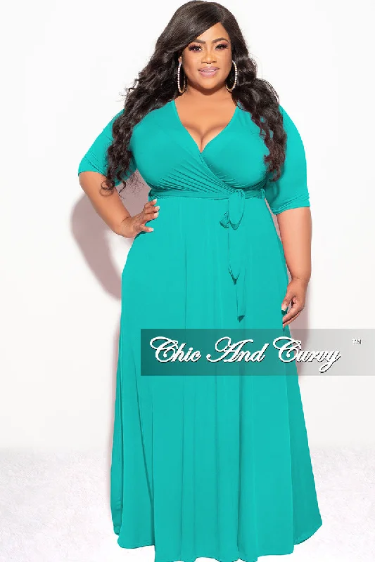 Final Sale Plus Size Deep V Faux Wrap with 3/4 Sleeves in Lite Sea Breeze GreenPlus size women's off-the-shoulder tops