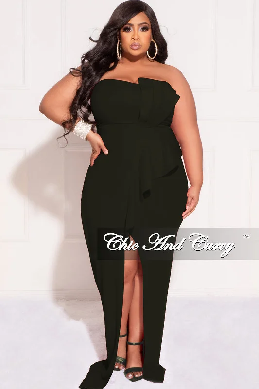 Final Sale Plus Size Strapless Pleated Ruffle Gown with Front Slit in BlackPlus size women's printed tops