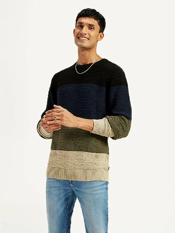 Men's Colorblock Multicolor Crew Neck SweaterAsymmetrical Knit Tops