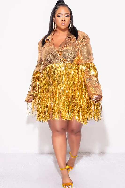 Final Sale Plus Size Sequin Blazer Dress with Tinsel Fringe Bottom in GoldLarge women's pullover tops