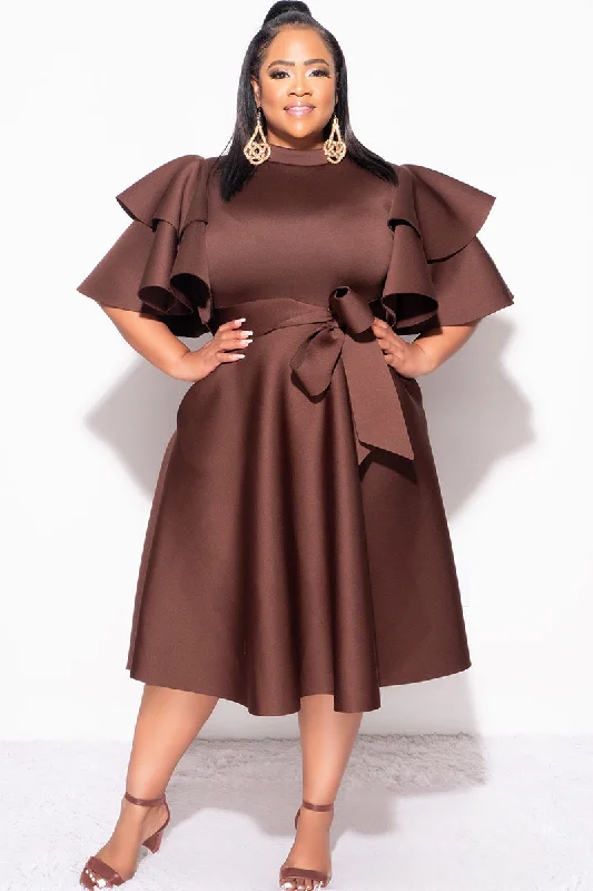 Final Plus Size Dress with Ruffle Sleeve and Tie in Brown ScubaPlus Large women's linen tops