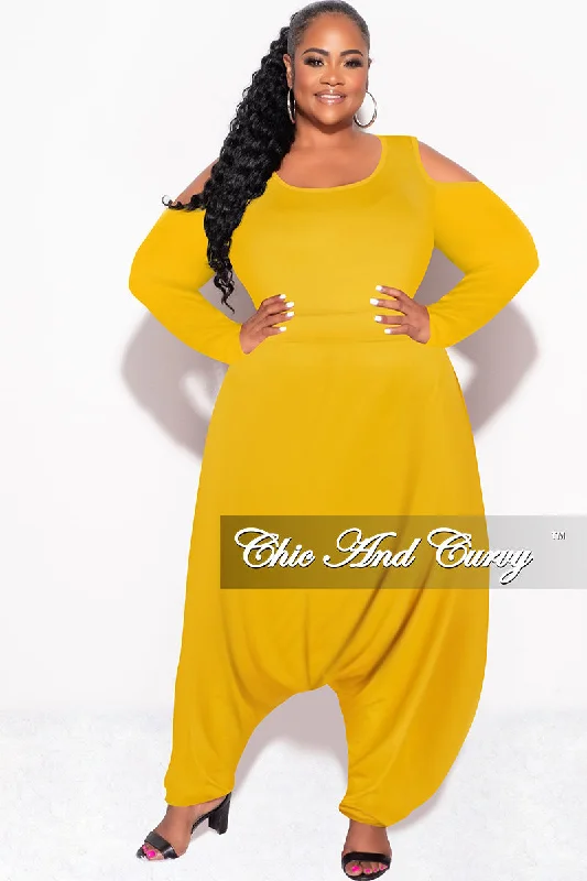 Final Sale Plus Size Cold Shoulder Harem Jumpsuit in MustardWomen's spring tops