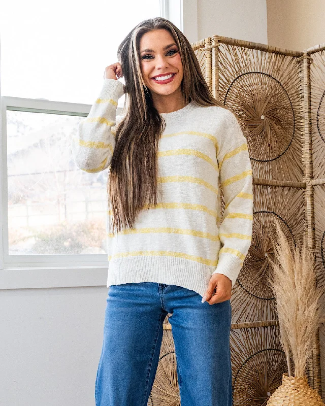 NEW! Brielle Striped Textured Sweater - LemonLeather-Paneled Knit Tops