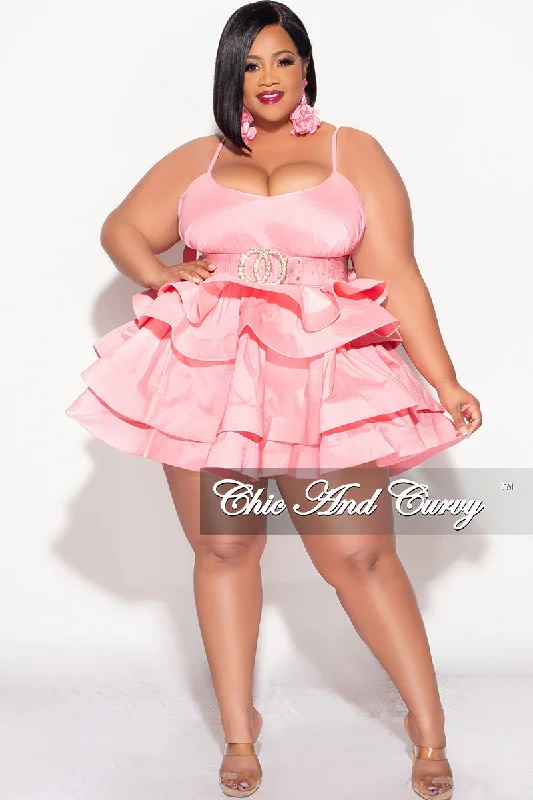 Final Sale Plus Size Spaghetti Strap Tiered Ruffle Mini Dress in PinkWomen's fleece tops