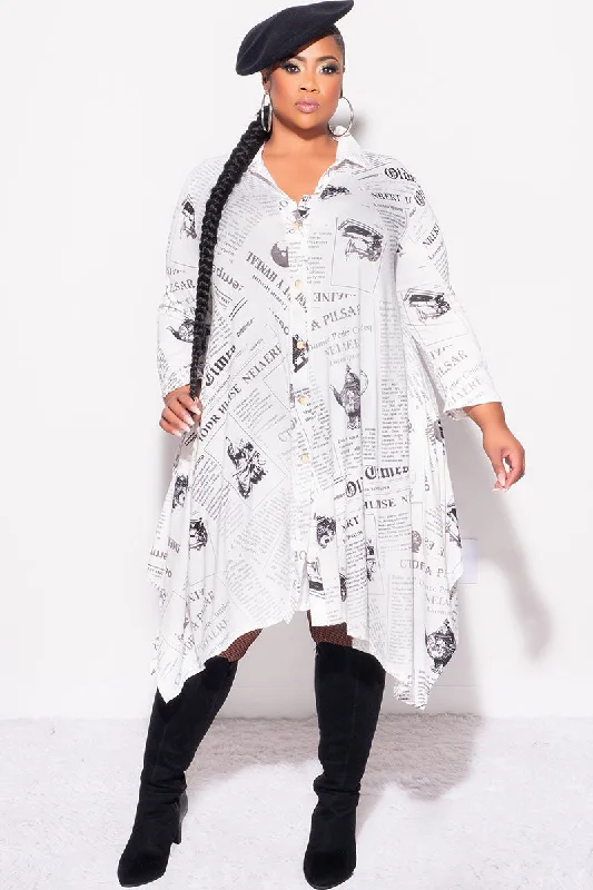 Final Sale Plus Size Hi-Low Shirt Dress in White and Black News PrintLarge women's windproof tops