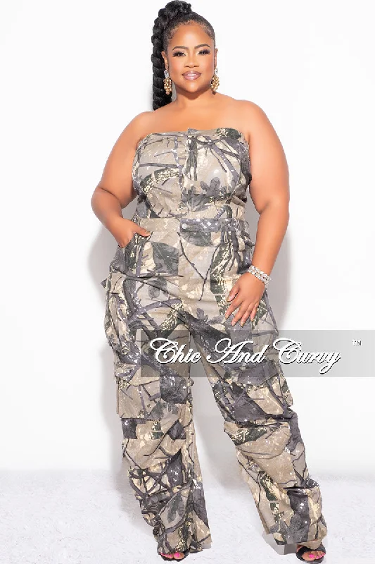 Final Sale Plus Size Cargo Jumpsuit in Brown and GreyLarge women's cropped tops