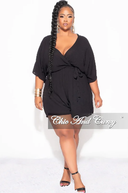 Final Sale Plus Size Faux Wrap Romper with Tie in BlackWomen's travel tops