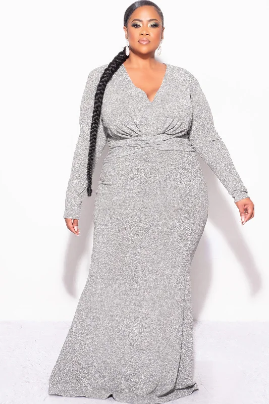 Final Sale Plus Size V-Neck Gown with Twisted Waist Band in Silver Foil FabricLarge women's waterproof tops