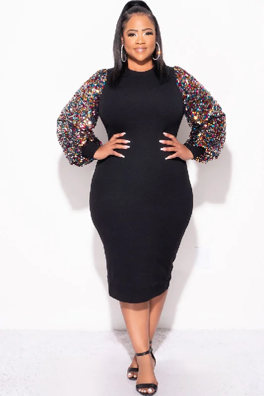 Final Sale Plus Size Sequin Multi Color Puffy Sleeve BodyCon Dress in BlackLarge women's slim tops