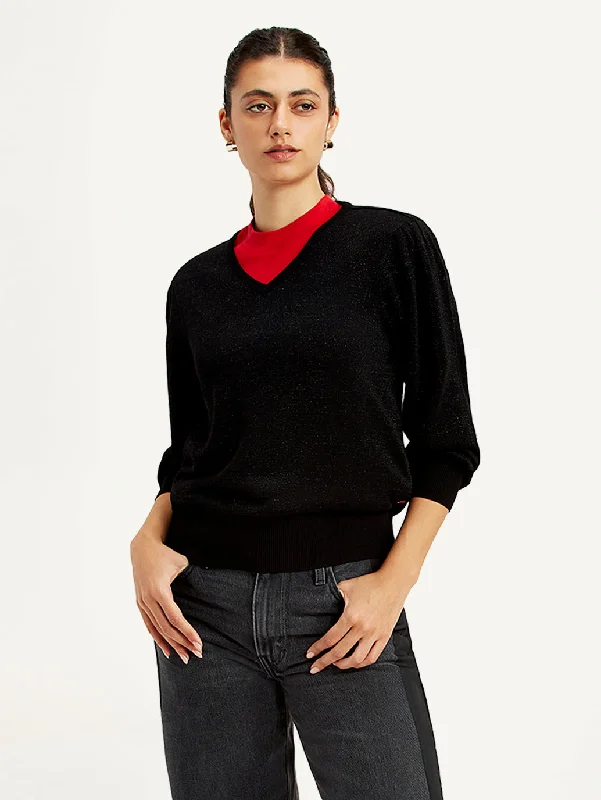 Women's Solid Black V Neck SweaterLayered Knit Tops