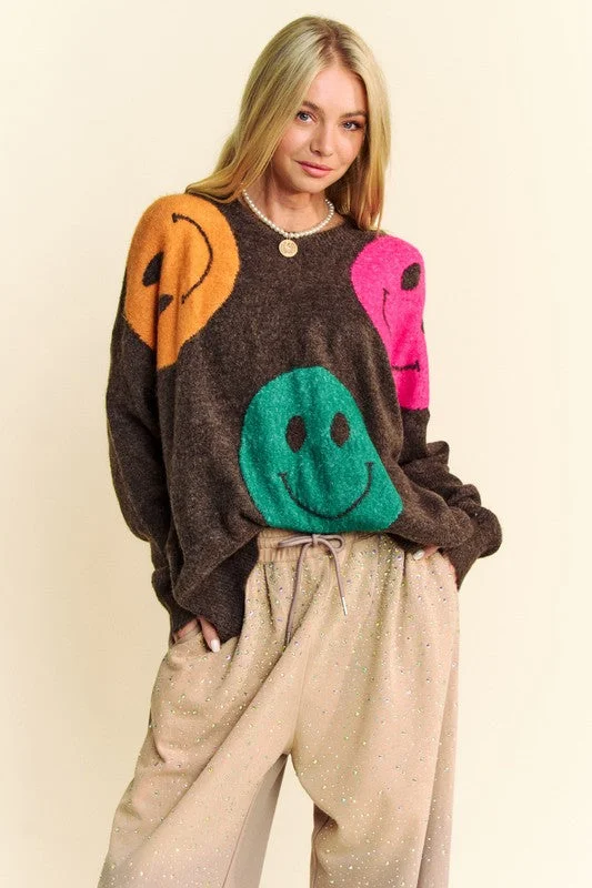 Dark Brown Contrast Smile Round Neck Oversize SweaterThermal Knit Tops