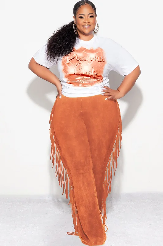 Final Sale Plus Size High Waist Fringe Trim Pants in Rust Mineral Wash Print JerseyPlus size women's retro tops