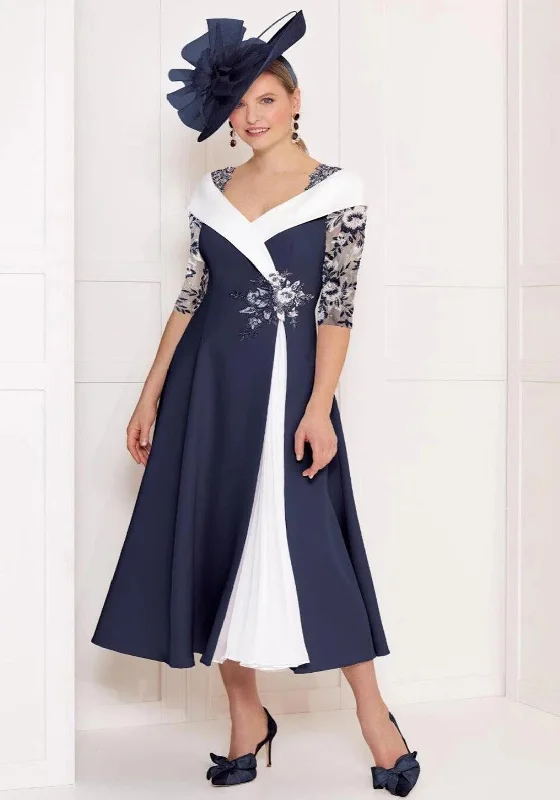 John Charles Contrast Plisse Detail Maxi Dress, Navy & Ivory