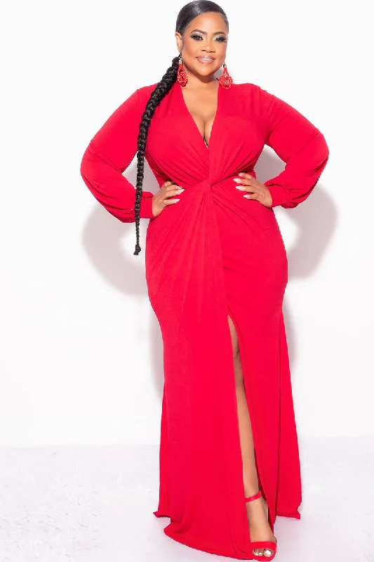 Final Sale Plus Size V-Neck Gown with Twist Front Waist in RedWomen's party tops