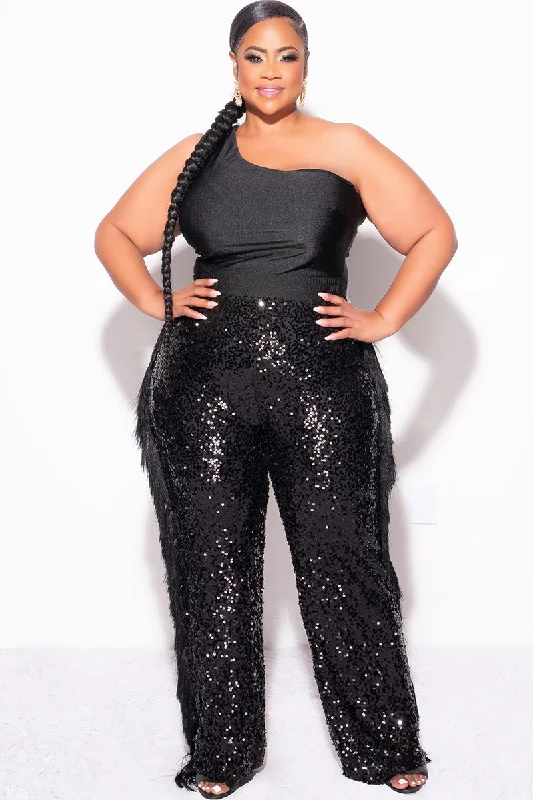 Final Sale Plus Size 2pc One Shoulder ToP and Sequin Fringe Pants in BlackWomen's designer tops