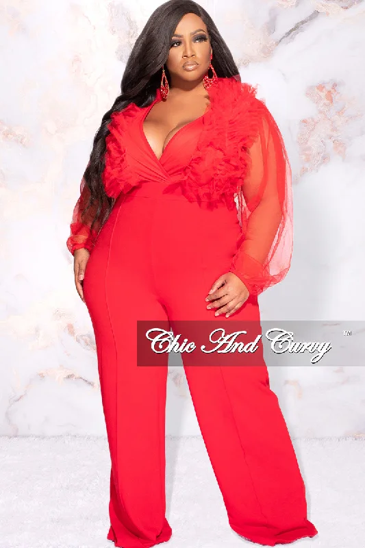 Available Online Only - Final Sale Plus Size Faux Wrap Tulle Jumpsuit in RedPlus size women's silk tops