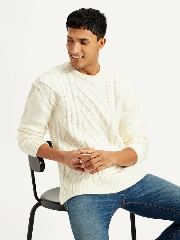 Men's Solid White Crew Neck SweaterYoga Knit Tops