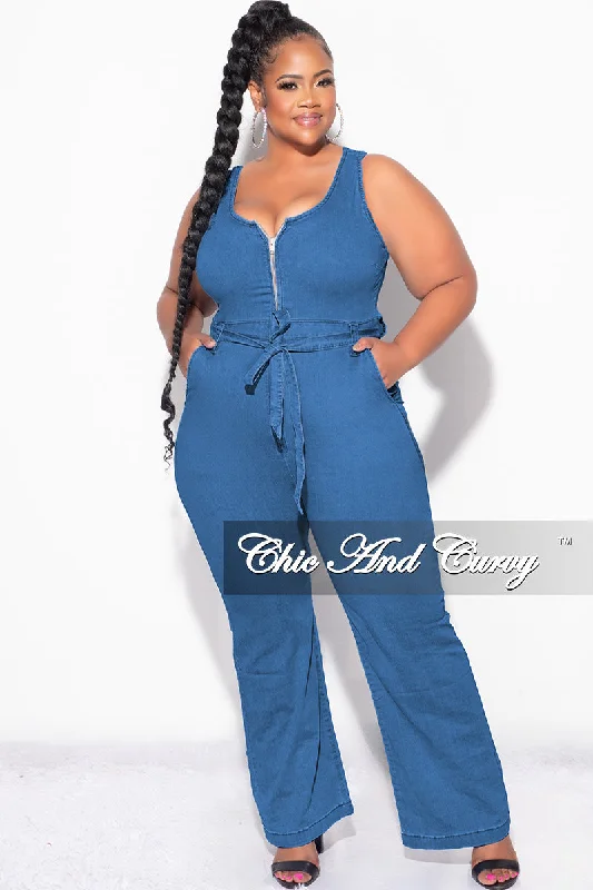 Final Sale Plus Size Sleeveless Zip-Up Jumpsuit with Attached Tie in Dark DenimLarge women's wool tops